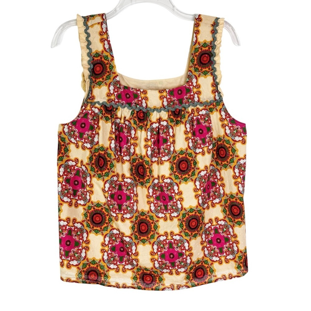 Anthropologie Let Me Be Cotton Abstract Ruffled Tank Top Size 8 - Picture 5 of 11